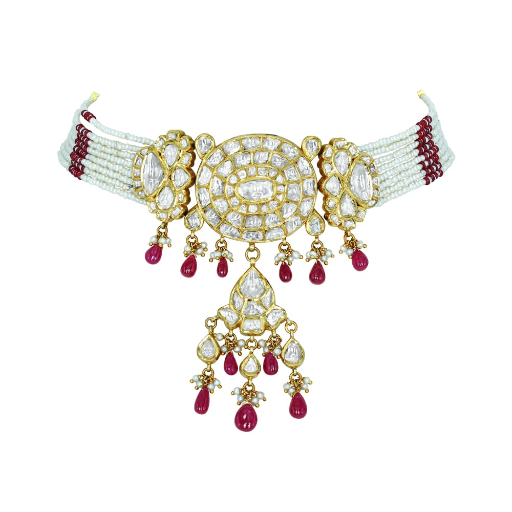 Oval Polki Choker with Floral Motifs, Ruby Drops, and Pearl Accents